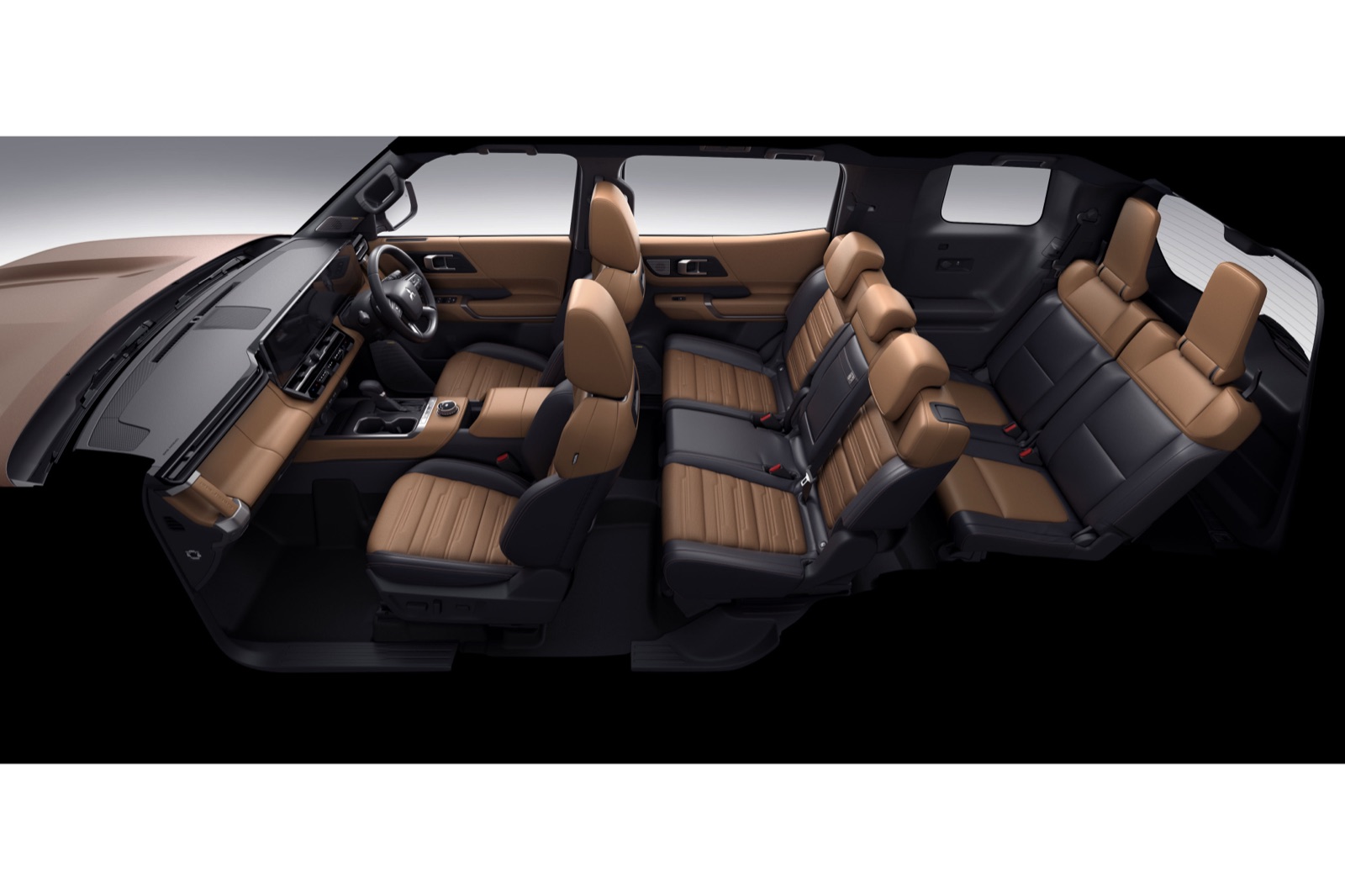 Cutaway of the new Mitsubishi Pajero interior showing three rows of seating, the seven-seat layout relevant to family and tourist rentals in Dubai.